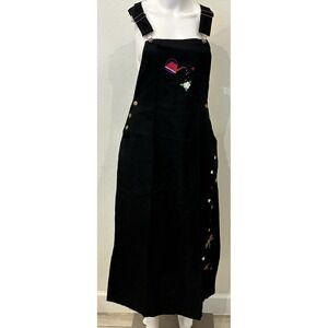 Vintage Mandal Bay Jumper Dress S Black Bib Midi Embroidered Gardening Floral